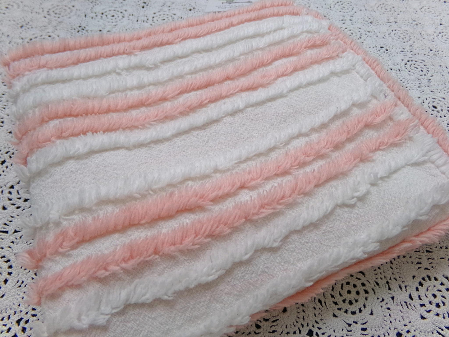 vintage chenille bedspread fabric summer peach & white stripes 15.5x29"