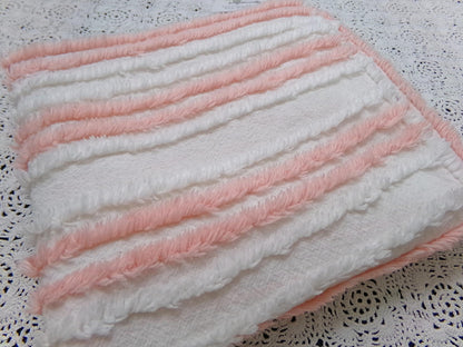 vintage chenille bedspread fabric summer peach & white stripes 15.5x29"