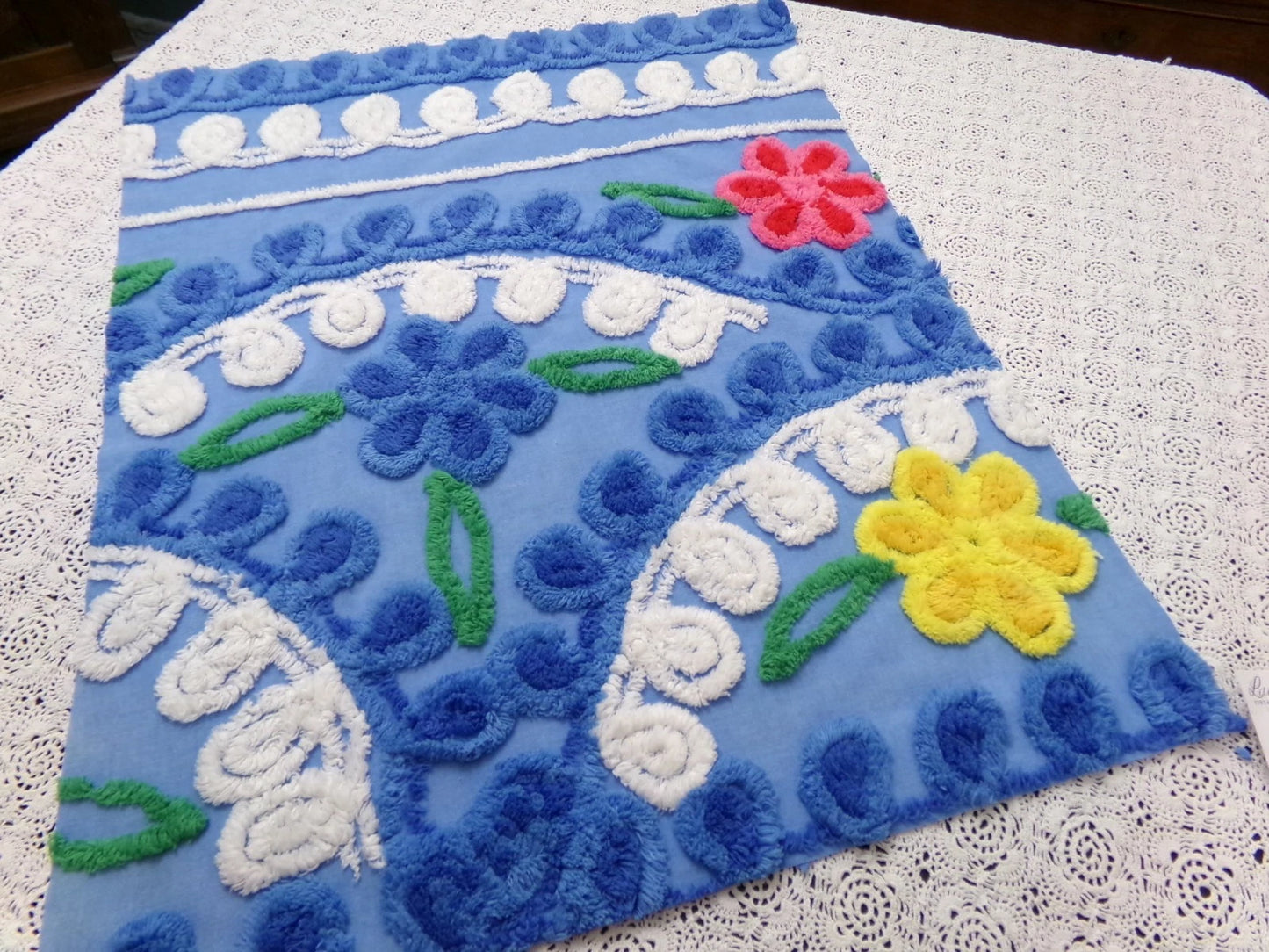 Colorful Blue Vtg Chenille Bedspread Fabric 19x24" Pc Floral Sewing Material