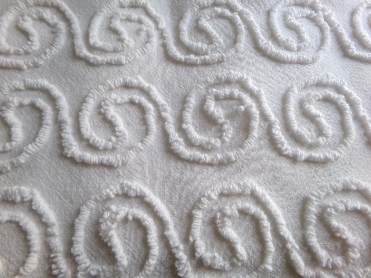 spiral curl squiggles vintage chenille fabric, ultra lightweight white cotton sewing material with great texture, 20" x 24" inch piece