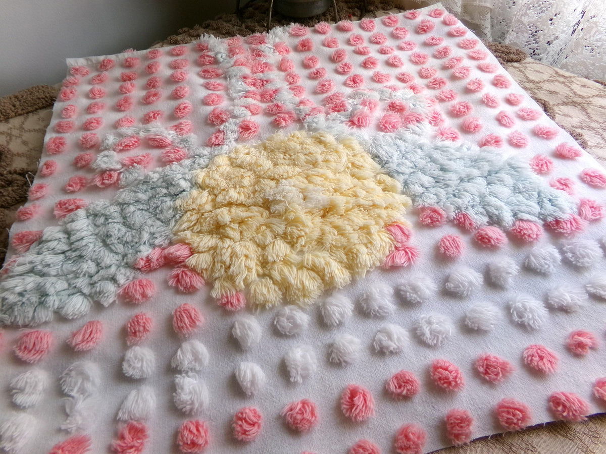 Pink Pops Vintage Chenille Fabric, Floral Antique 15x28" Craft Panel