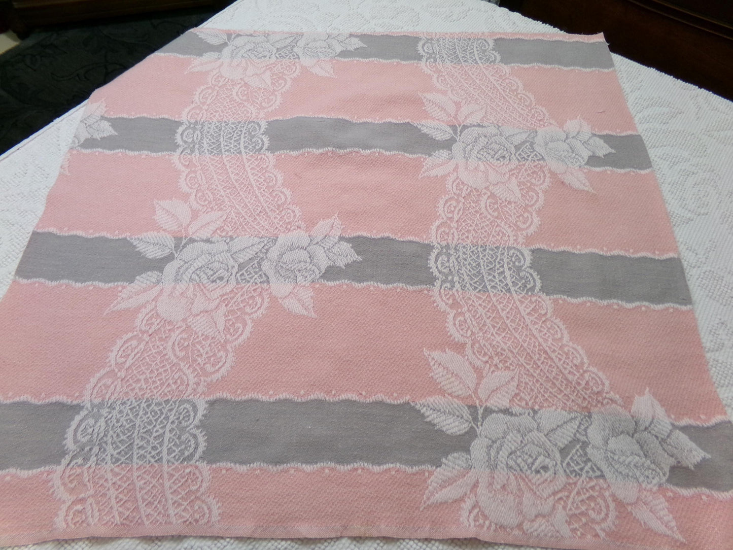 Lacy Rose Vintage Woven Fabric Piece Pink & Grey Stripes Shabby Chic Sewing Material 24x23"