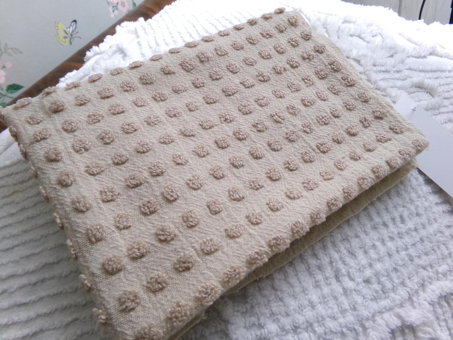 neutral mocha pops vintage chenille fabric, Morgan Jones little popcorn dots, 18" x 24" piece of lightweight sewing & quilting material