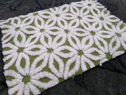 Vintage Green Chenille Fabric Boho Daisy Floral Craft Quilting Sewing Material, 18" x 24"