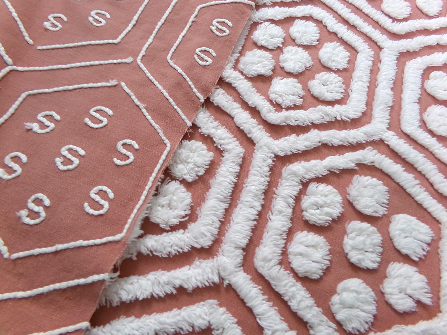 boho vintage chenille fabric, white tufted terracotta geometric design, 18" x 24" quilt material