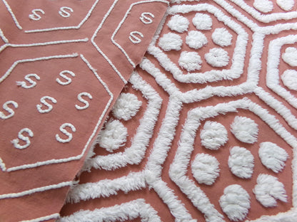 boho vintage chenille fabric, white tufted terracotta geometric design, 18" x 24" quilt material