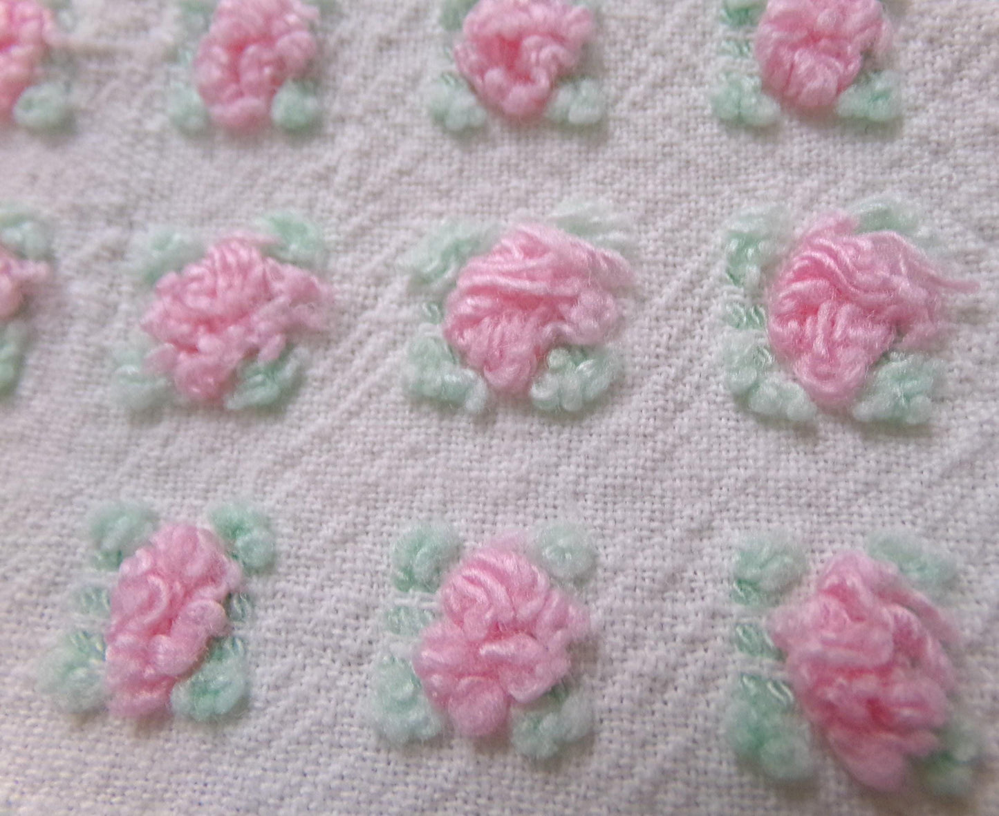 Shabby Tiny Tuft Pink Rosebud Vintage Chenille Fabric, Mini Rose Pattern, 20" x 12"