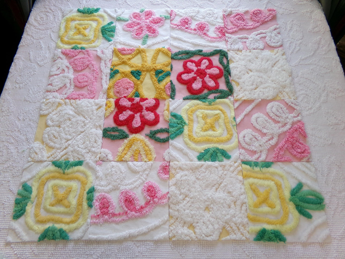 summer fresh vintage chenille fabric squares, set of 16 whimsy floral 6" quilt blocks for crafts, sewing, diy pillow covers