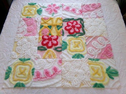 summer fresh vintage chenille fabric squares, set of 16 whimsy floral 6" quilt blocks for crafts, sewing, diy pillow covers