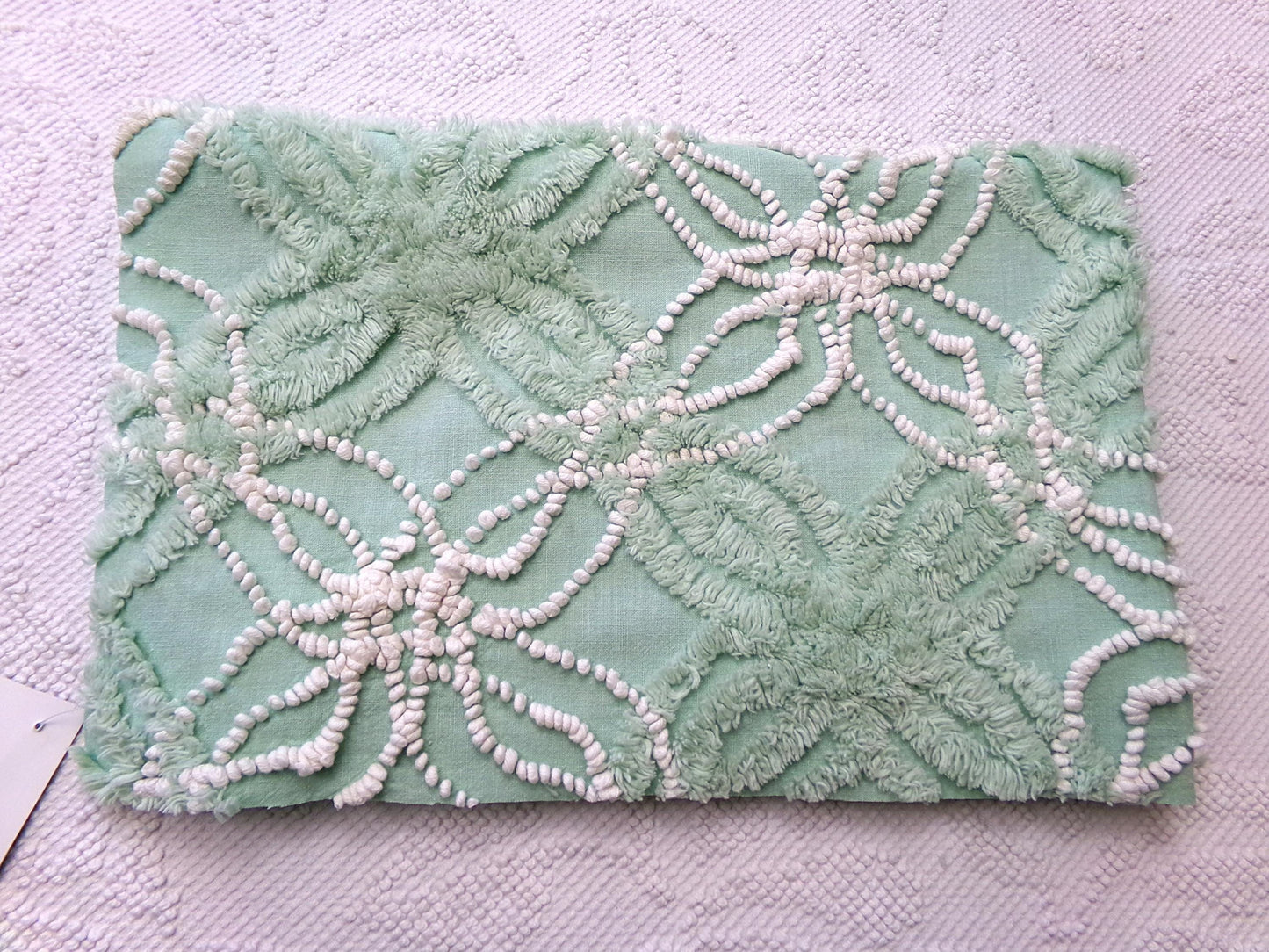 trendy jade green vintage chenille fabric: 18" x 24" piece w/ contrast spider rings for quilting, crafts