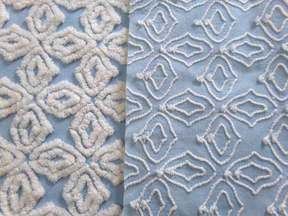 coastal crossing vintage chenille fabric w/ white gothic crosses on blue cotton, 20" x 24" piece
