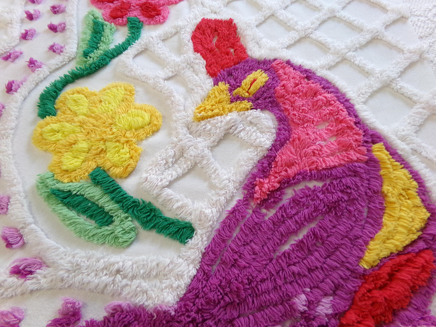 colorful peacock vintage chenille fabric piece, 19" x 25" panel, great for wallhanging or quilt inlay