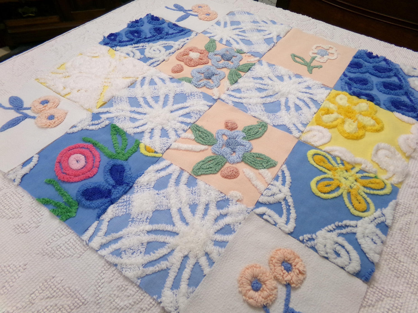 Summer Floral Vintage Chenille Fabric Squares Set, 16 Quilt Blocks, 6" x 6" inches each, for Quilting, Sewing, DIY Pillows