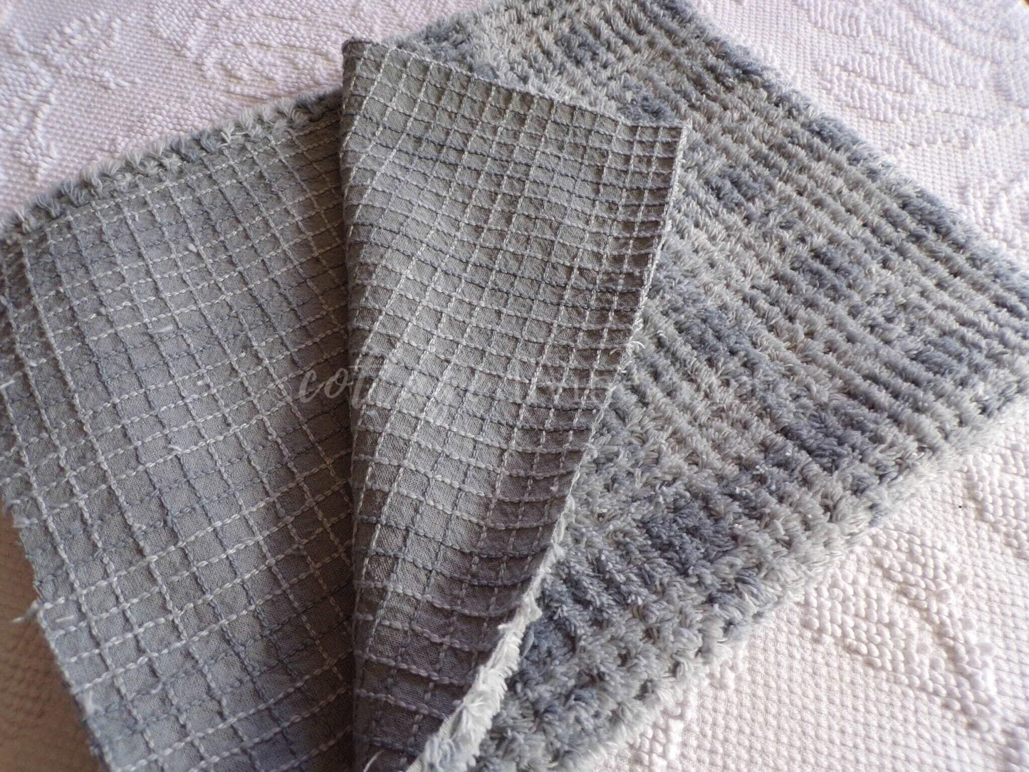 Cozy Chenille Fabric in Moody Storm Grey Plaid, Vintage Style 20" x 25" inch Piece, great for quilt fabric, crafts, stuffed toys