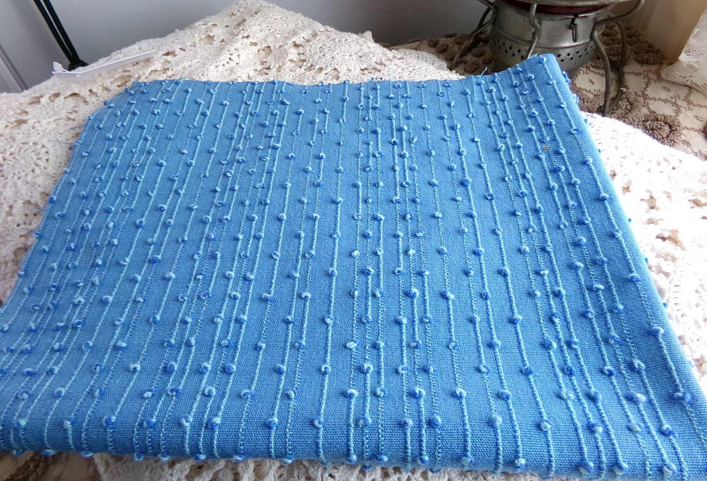 baby raindrops vintage woven chenille fabric, tiny marbleized raised blue dots, 18 x 24"