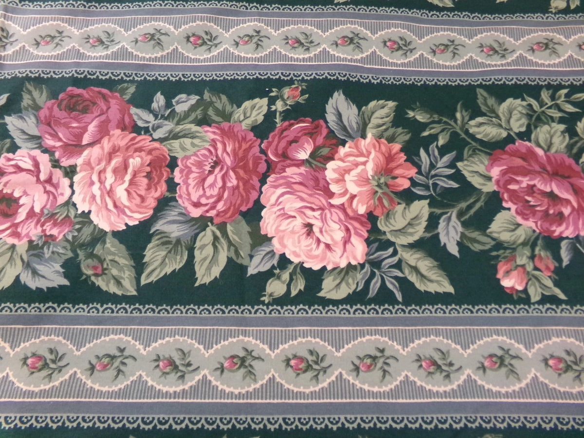 Vintage Rose Curtain Drapery Panel, Deep Green Lined SINGLE Window Drape 82"L