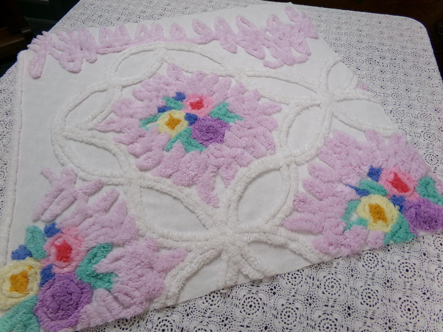 Lavender Floral Vintage Chenille Bedspread Fabric Piece 24x23" Sewing Material