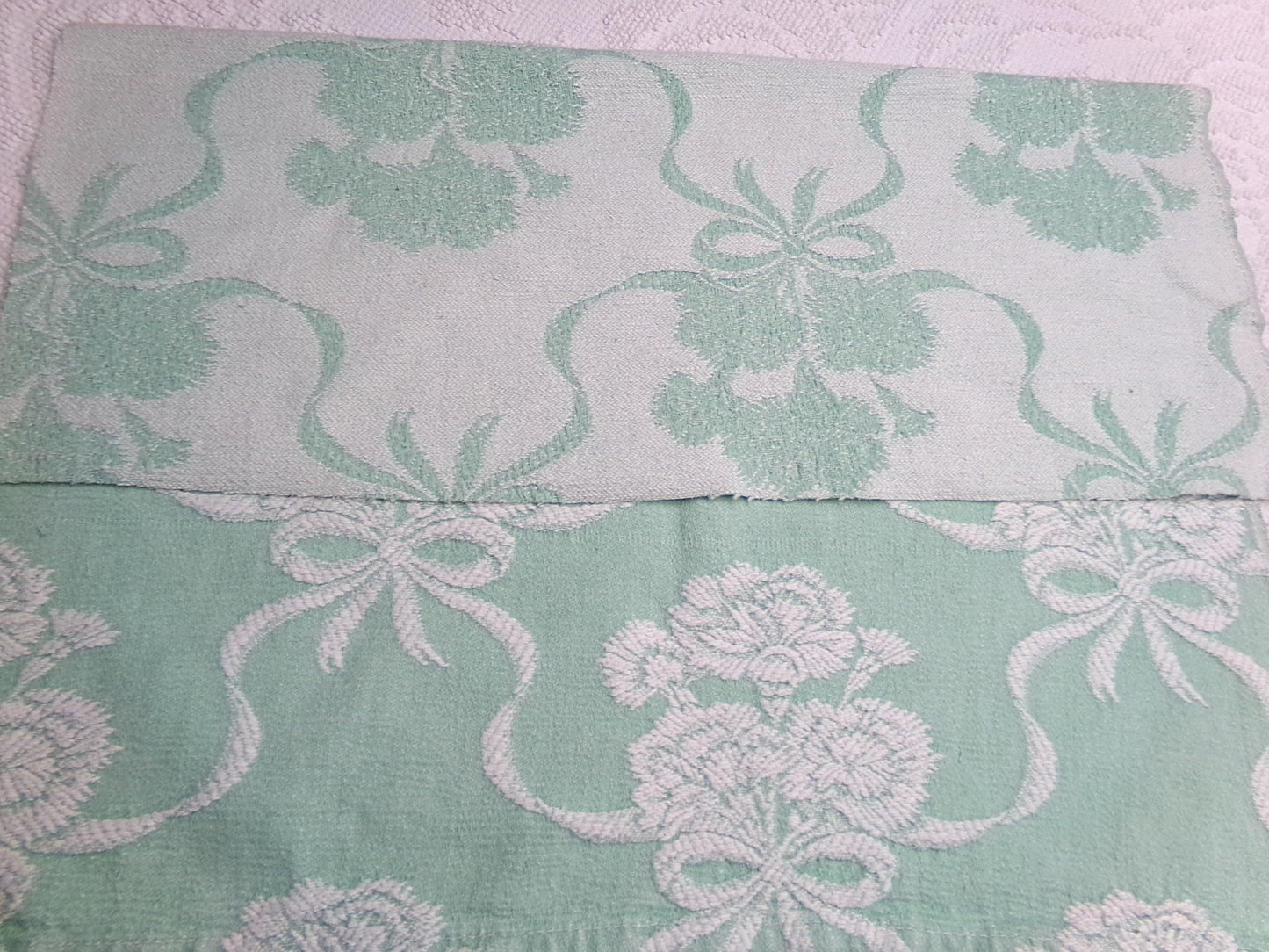 Shabby Woven Vintage Fabric Piece | Creamy White Carnation Flowers on Mint Green, 20" x 24"