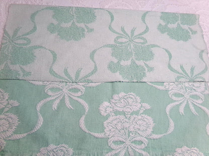 Shabby Woven Vintage Fabric Piece | Creamy White Carnation Flowers on Mint Green, 20" x 24"
