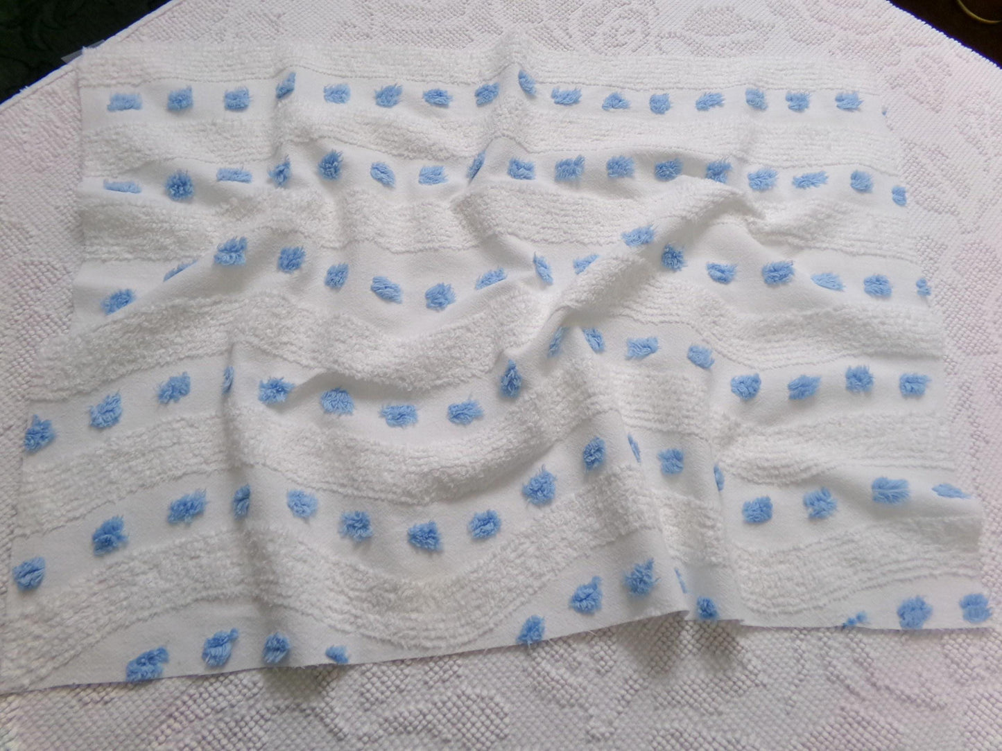 Vintage Chenille Fabric Piece, Shabby Lightweight Blue & White Wave Dots, 16" x 23"