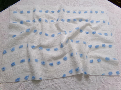 Vintage Chenille Fabric Piece, Shabby Lightweight Blue & White Wave Dots, 16" x 23"