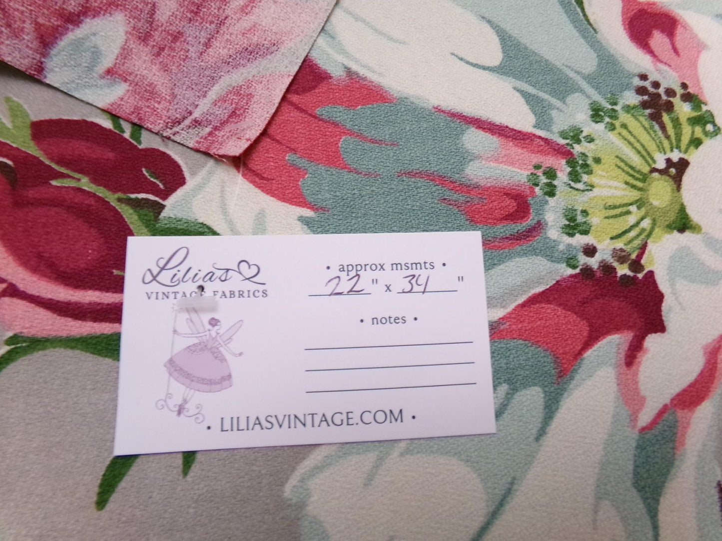 Vintage Barkcloth Fabric 1940s Pink Aqua Magnolia Floral Gray Mid-Century, 22" x 34"