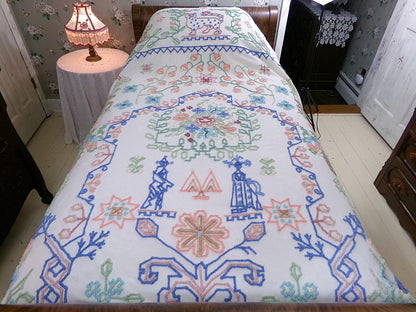 Vintage Boho Chenille Bedspread, Rare Folk Art Fieldcrest Needletuft Tribal Design, Full Size Cotton Bedding