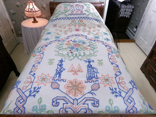 Vintage Boho Chenille Bedspread, Rare Folk Art Fieldcrest Needletuft Tribal Design, Full Size Cotton Bedding