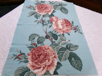 Vintage 1940s Barkcloth Fabric Aqua Blue Pink Roses Botanical Mid-Century Shabby, 18" x 26"