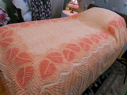 Boho Falling Leaves Vintage Chenille Bedspread, Apricot Peach Twin Size
