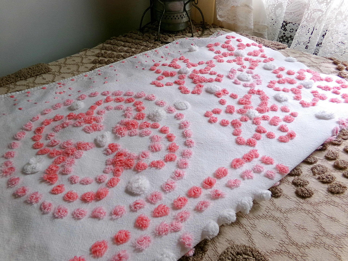 Vintage Pink White Chenille Fabric 4-Block Geometric Floral Sampler 18" x 23" Panel