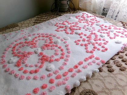 Vintage Pink White Chenille Fabric 4-Block Geometric Floral Sampler 18" x 23" Panel