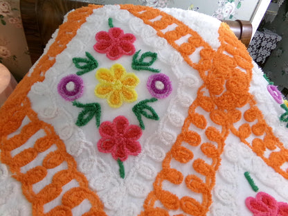diamond citrus vintage chenille bedspread, plush large floral design in colorful orange & white, full size cotton bedding
