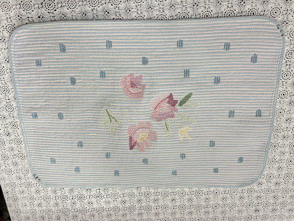 Small Vintage Chenille Rug, Pink Roses & Dots Blue 16" x 24" Accent Mat / Wall Hanging