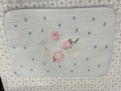 Small Vintage Chenille Rug, Pink Roses & Dots Blue 16" x 24" Accent Mat / Wall Hanging