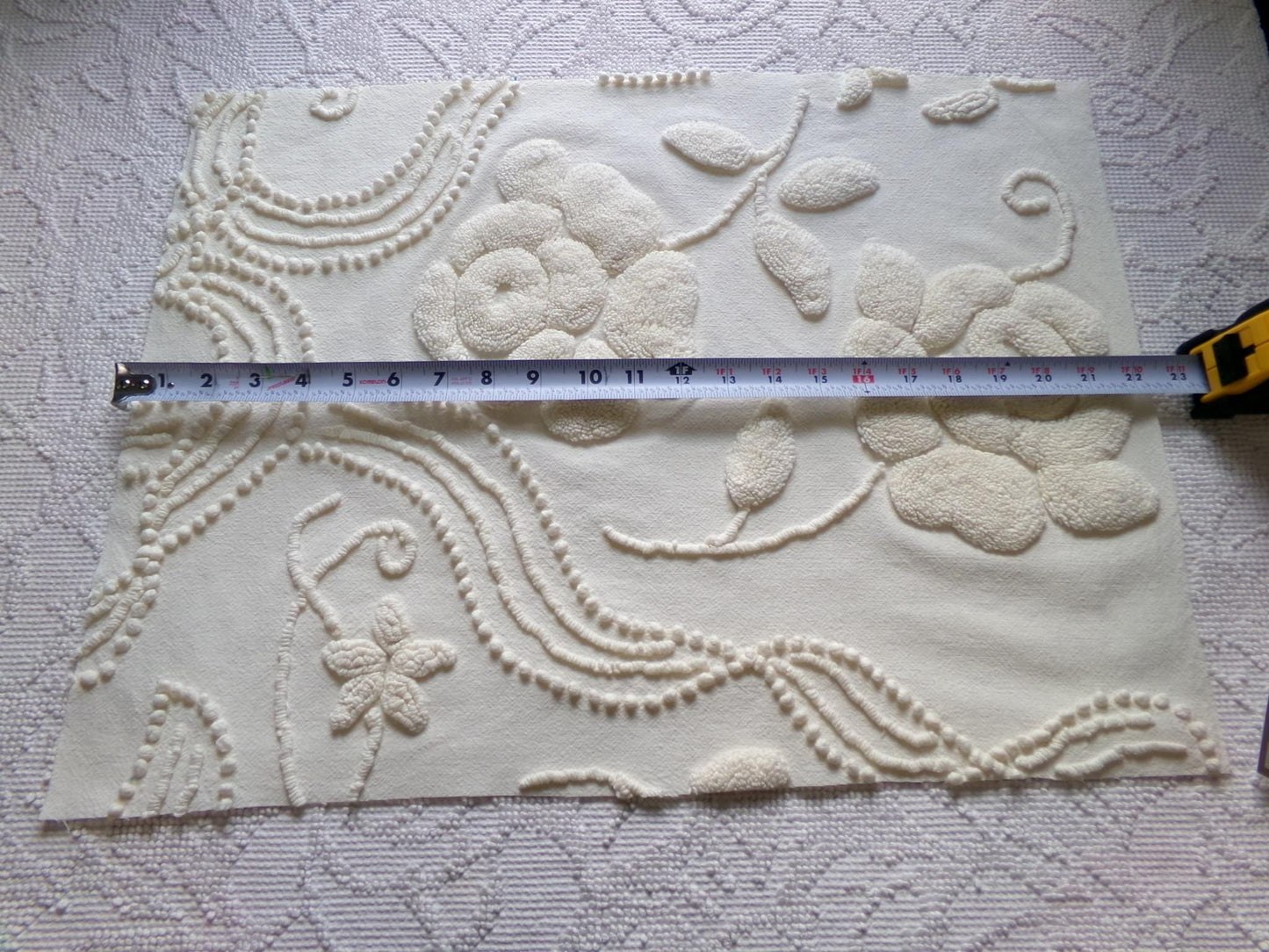 stylized ivory roses vintage chenille fabric, 100% cotton 16" x 21" cut piece w/ sprawling heavily tufted rose design for crafts, sewing
