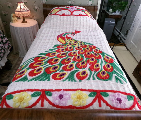 Sprawling Peacock Vintage Chenille Bedspread, Boho Red Green & White Cotton Full Size
