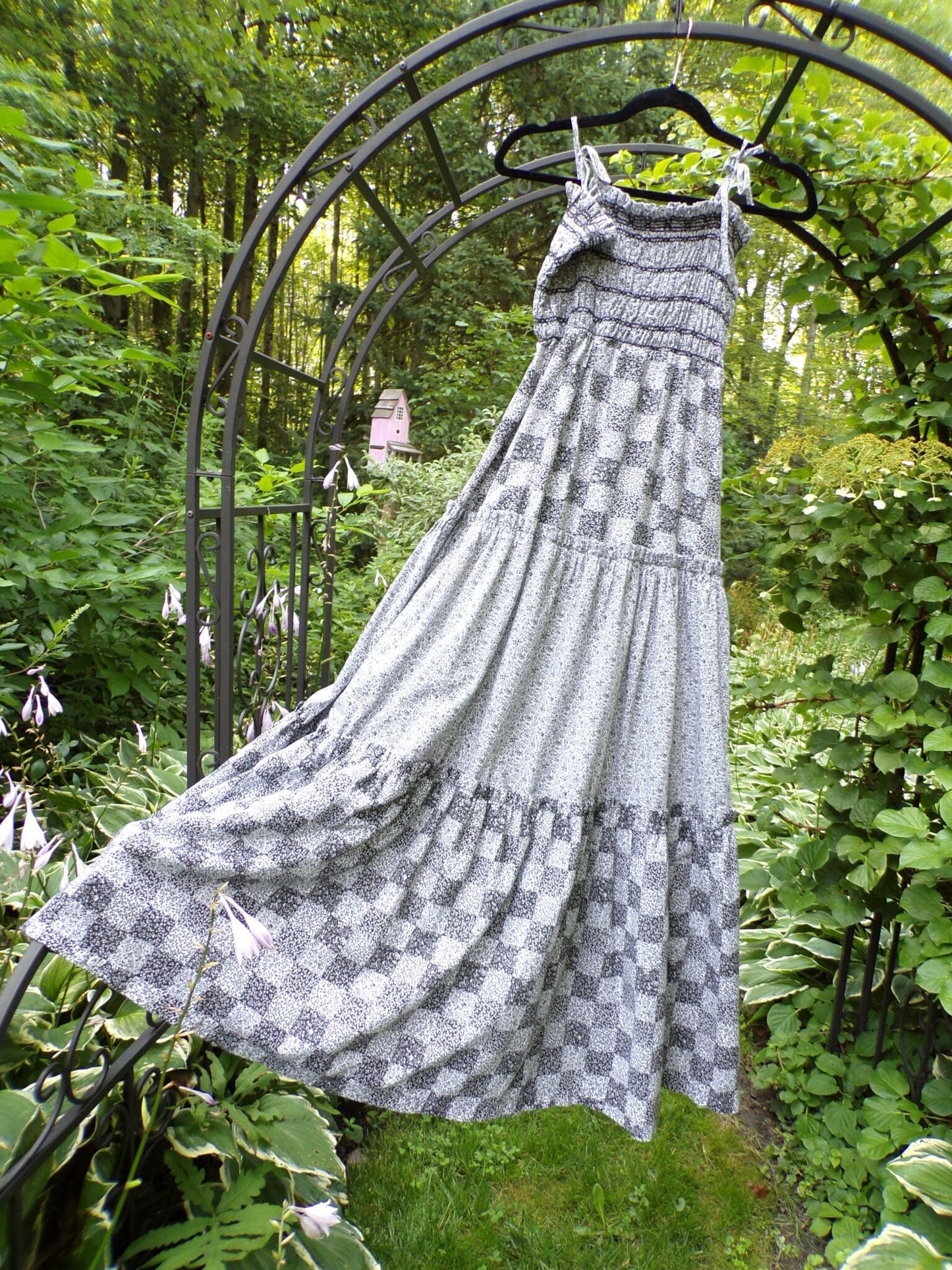 Vintage Prairie Dress Black White Maxi 1970s Sundress Micro Butterfly S