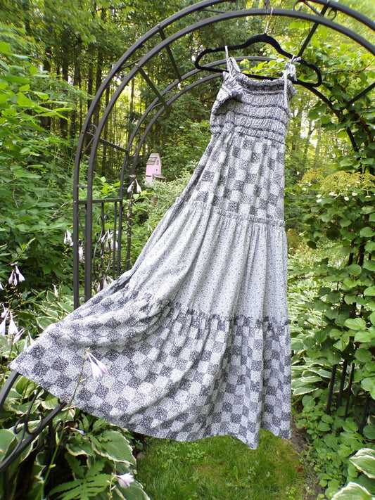 Vintage Prairie Dress Black White Maxi 1970s Sundress Micro Butterfly S