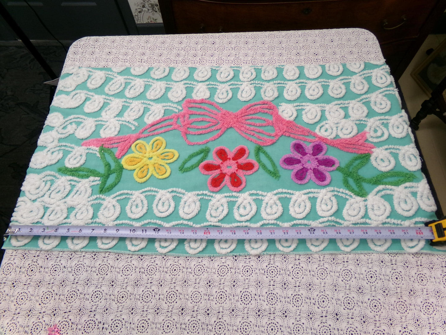 Special Jade Floral Swag Vintage Chenille Bedspread Fabric 18" x 34" Piece