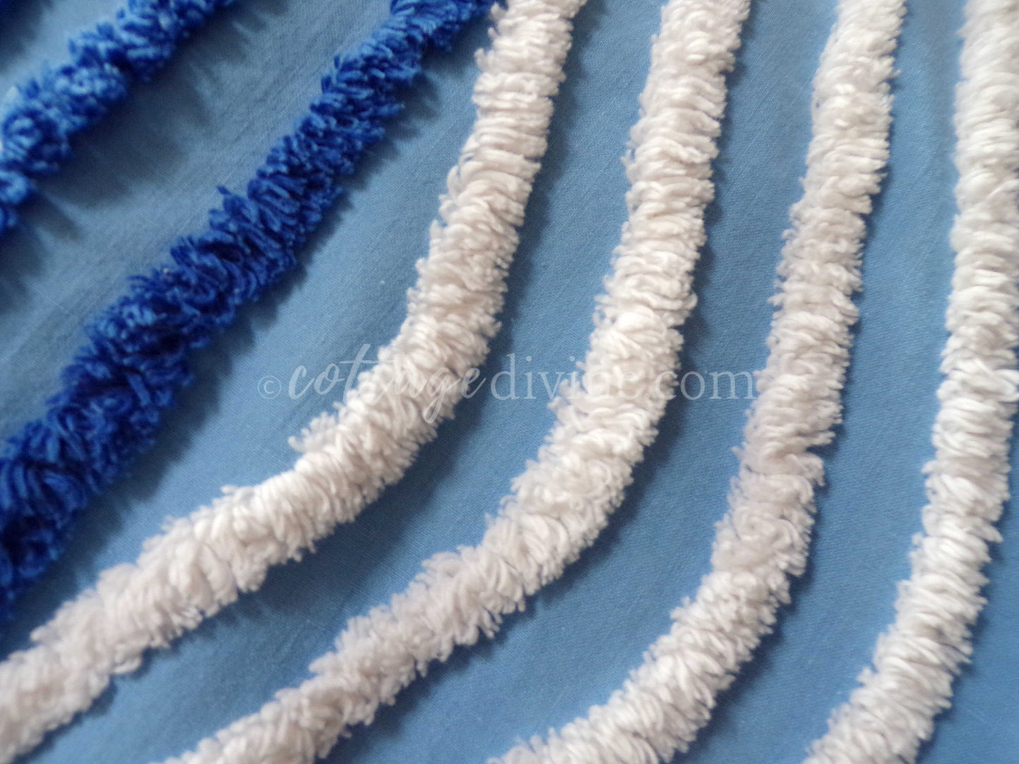 Gentle Waves Vintage Chenille Quilt Fabric, 26" x 16.5" Piece, 100% Cotton White Tufting on Blue