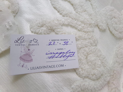 Romantic White Vintage Satin Chenille Bedspread Fabric, Shabby Large Medallion 38x20"