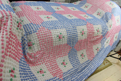 Rare Vintage Chenille Bedspread, Tufted Pink & Blue Popcorns with Rose Pop Flowers, Anne Orr for Cabin Crafts, Full Size Cottage Bedding