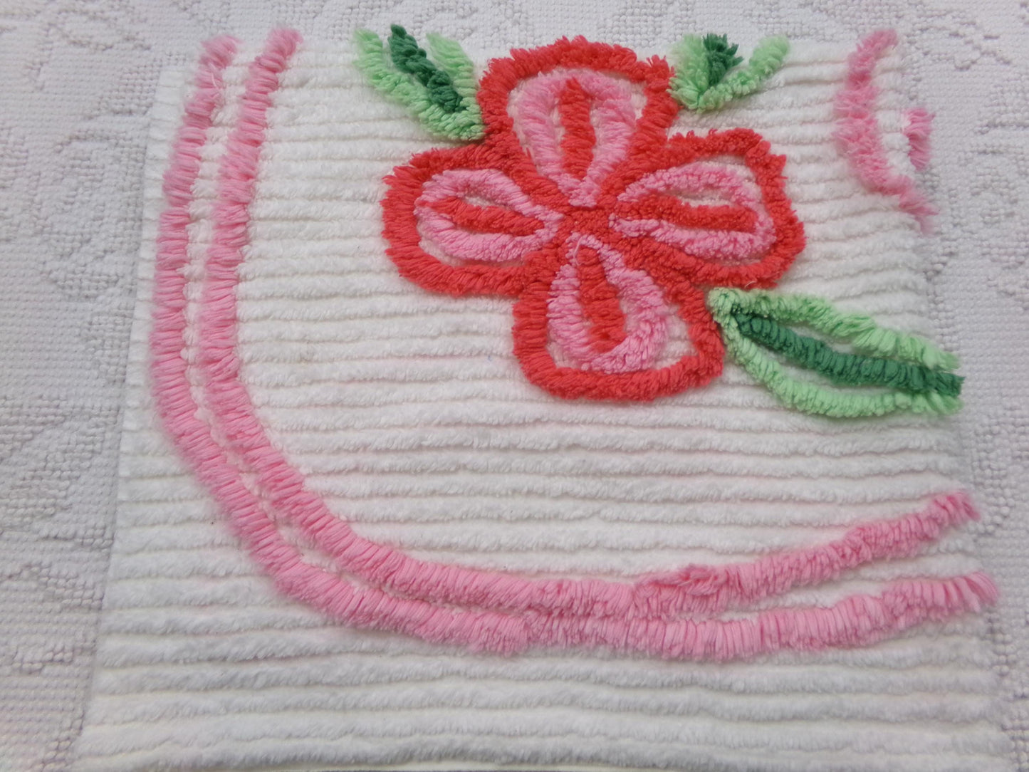 Vintage Chenille Fabric, Pink Flower Abstract Heart Piece Sewing & Quilt Material 22" x 23"