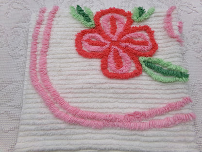 Vintage Chenille Fabric, Pink Flower Abstract Heart Piece Sewing & Quilt Material 22" x 23"