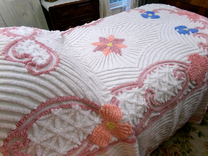 Vintage Chenille Bedspread Full Size Plush Luxurious Tufting, Shabby Chic Style Cotton Bedding