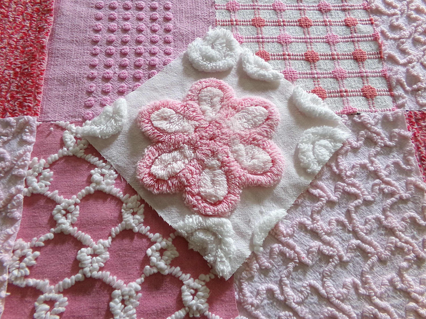 Pink *Strawberry Shortcake* Colors Vintage Chenille Fabric Squares, Set of 17 Adorable 6" Quilt Blocks for Quilting, Sewing