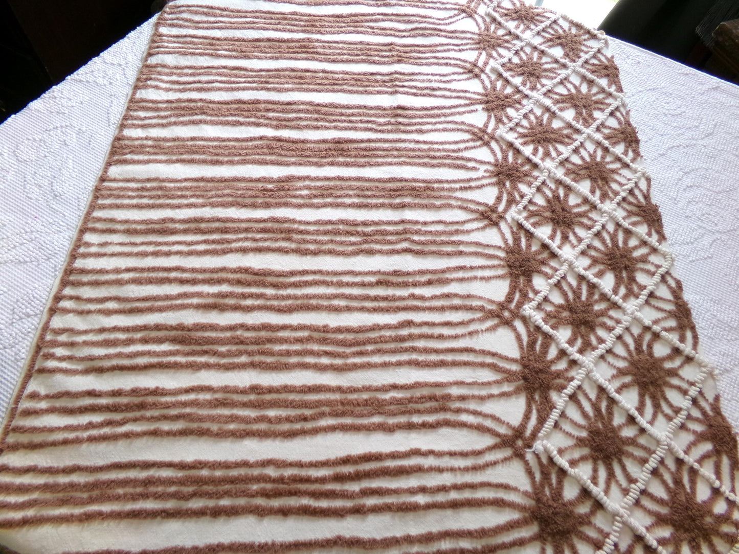 vintage brown chenille fabric: shabby mocha chocolate & vanilla cream piece great for quilting, crafts, 23" x 30"