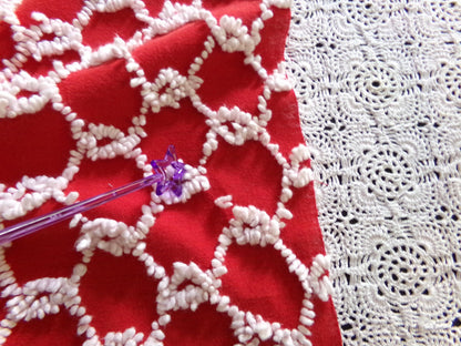 Red & White Vintage Chenille Bedspread Fabric, 17.5x23" Chain Link Design