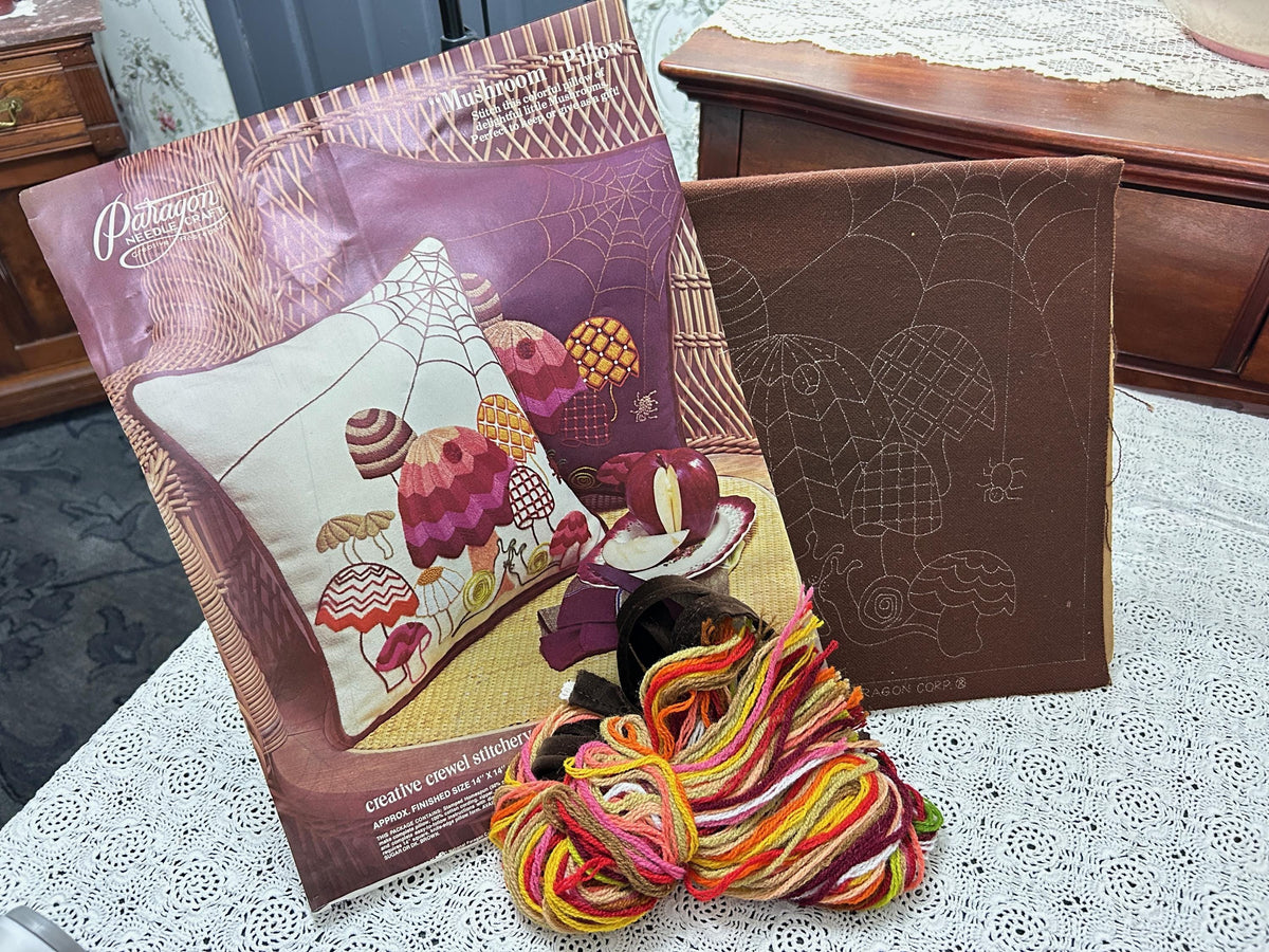 MUSHROOM PILLOW Boho Crewel Embroidery Kit, Vintage Paragon 0565 Dark Brown